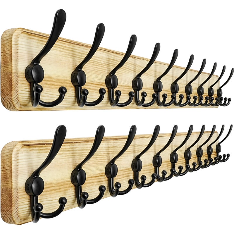 Dseap Coat Rack Wall - Heavy-Duty 38-1/4" Long, with Reinforced 10 Custom Tri-Hooks, Solid Wood Wall Hanger for Coats Hat Jackets - Rustic Farmhouse Entryway Storage, Black, Pack of 2 - Image 1